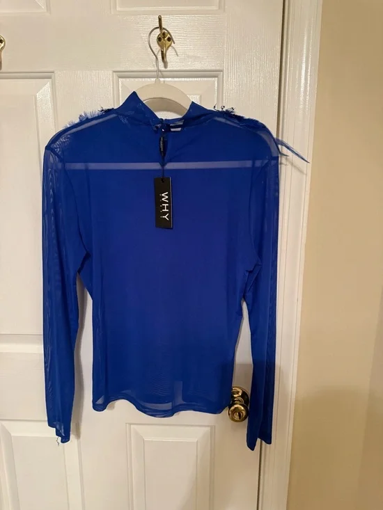 Royal Blue Feather-Trim Mesh Top - Picture 3 of 8